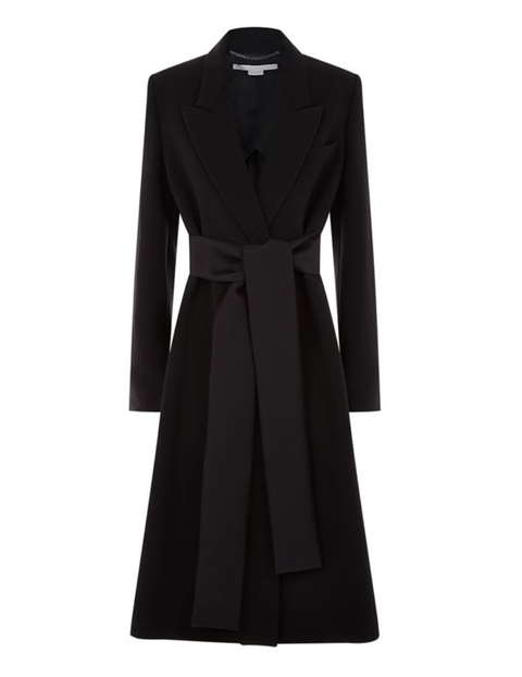 Clothing, Coat, Trench coat, Overcoat, Black, Outerwear, Dress, Collar, Sleeve, A-line, 