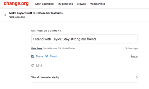 Katy Perry signing the Change.org petition for Taylor