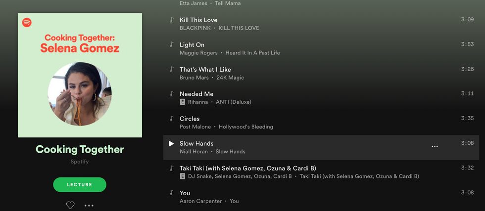 selena gomez's cooking together playlist, featuring songs by her ex the weeknd and niall horan