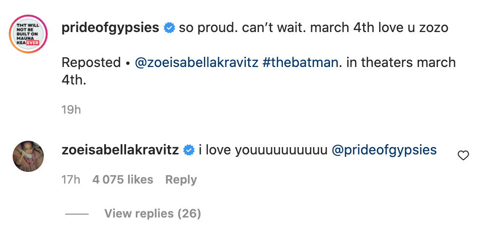 zoë kravitz and jason momoa's instagram conversation