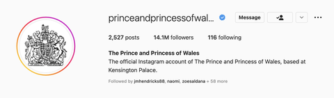kate Middleton and Prince william's Prince and Princess of wales Handle on Instagram
