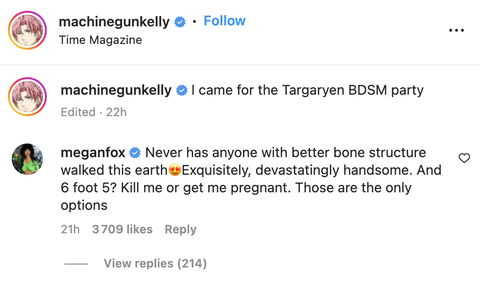 megan fox's comment on mgk's instagram