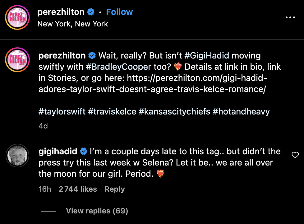 gigi hadid's comment on perez hilton's post about taylor and travis