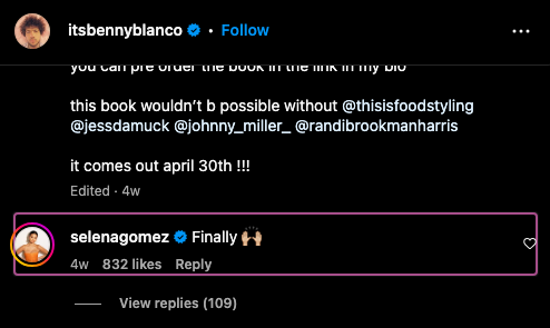 selena gomez’s comment on blanco’s instagram