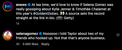 Comentario de Selena Gomez en el Instagram de E