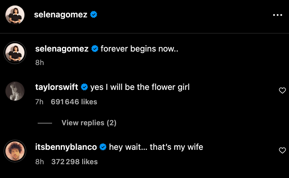 taylor swift's comment on selena gomez's engagement post