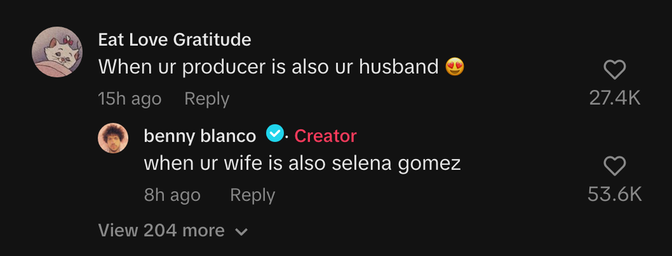 benny blanco's response to a fan's comment about selena's music