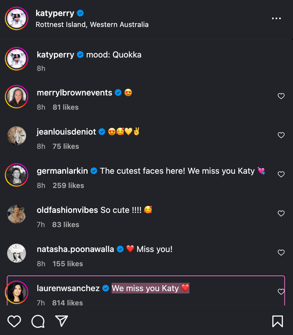 katy perry'e yönelik sevgi ve özlem ifade eden yorumların yer aldığı sosyal medya gönderisi