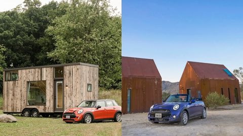 tiny homes with mini coopers in front of them