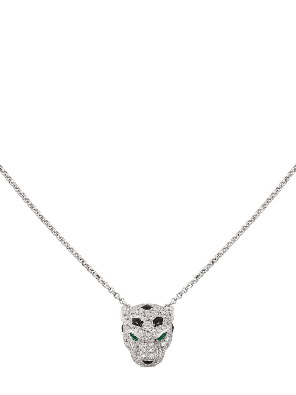 panthère de cartier necklace, 18k white gold, onyx, set with 2 emeralds and 135 brilliant cut diamonds totaling 114 carat