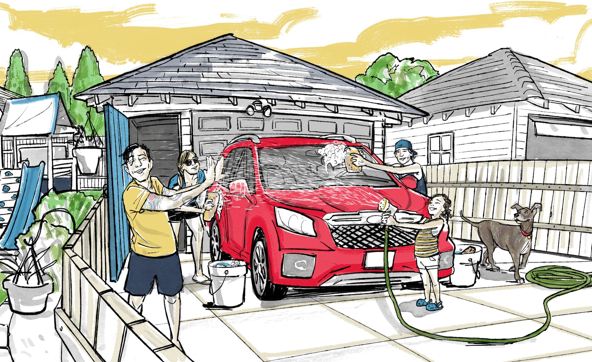 a family takes delight in washing their red family vehicle