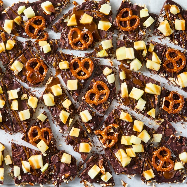 chocolate bark with apple pieces, pretzels and caramel
