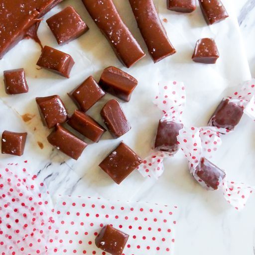 salted caramels with red polka dot wrapping