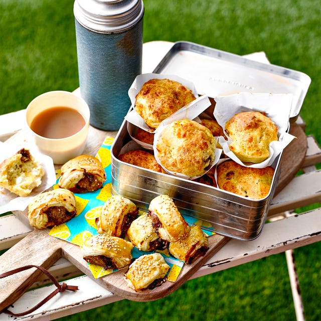 caramelised onion sausage rolls and goats cheese fig muffins