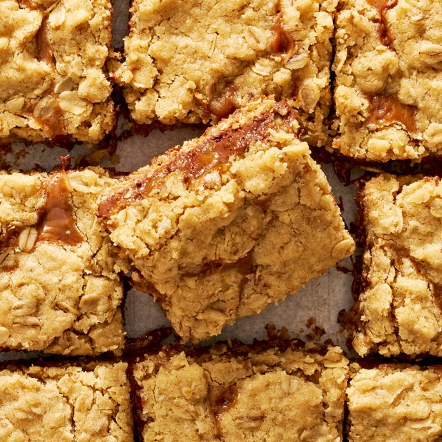 Carmelitas carmelitas stacked with caramel sauce