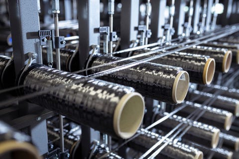 carbon fibre bobbins on loom in carbon fibre production facility