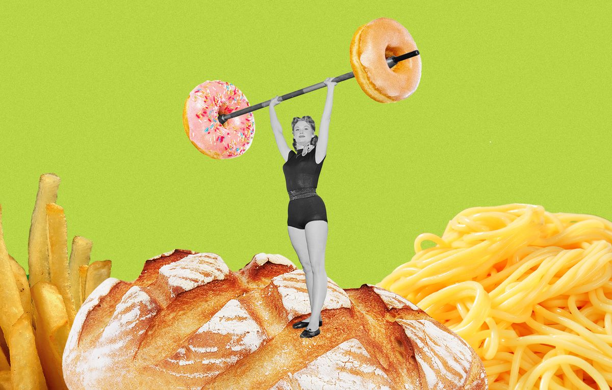 collage of lady and carbs