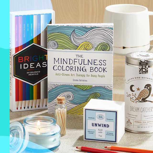mindfulness coloring book, candle, tea and chocolate care packages
