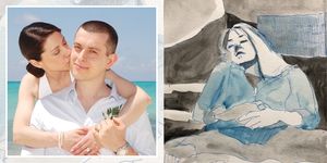 side by side of alex belth and wife emily and a self portrait watercolor painting of emily in hospital bed