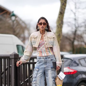 a woman wearing cargo jeans
