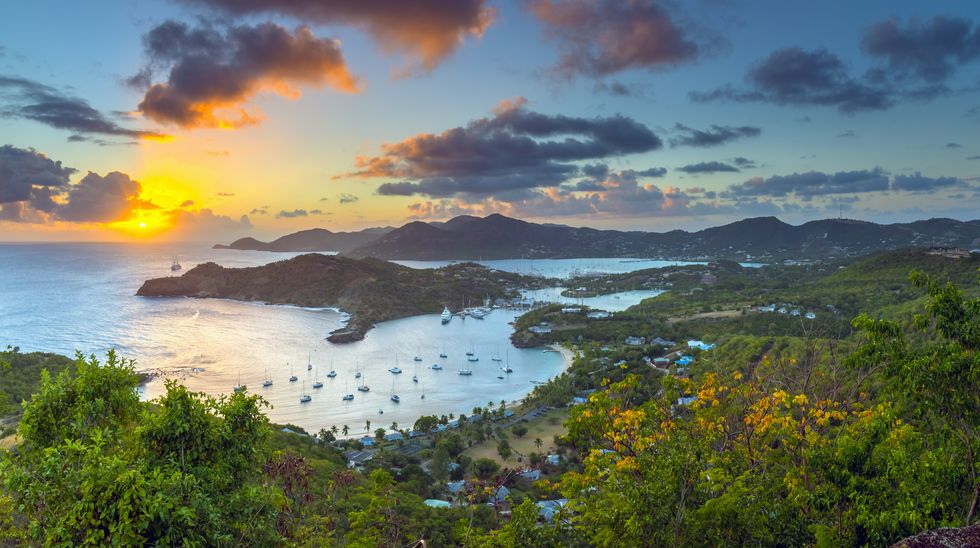 Caribbean, Antigua, English Harbor from Shirley Heights at sunset