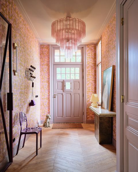 colorful pink hallway with wallpaper