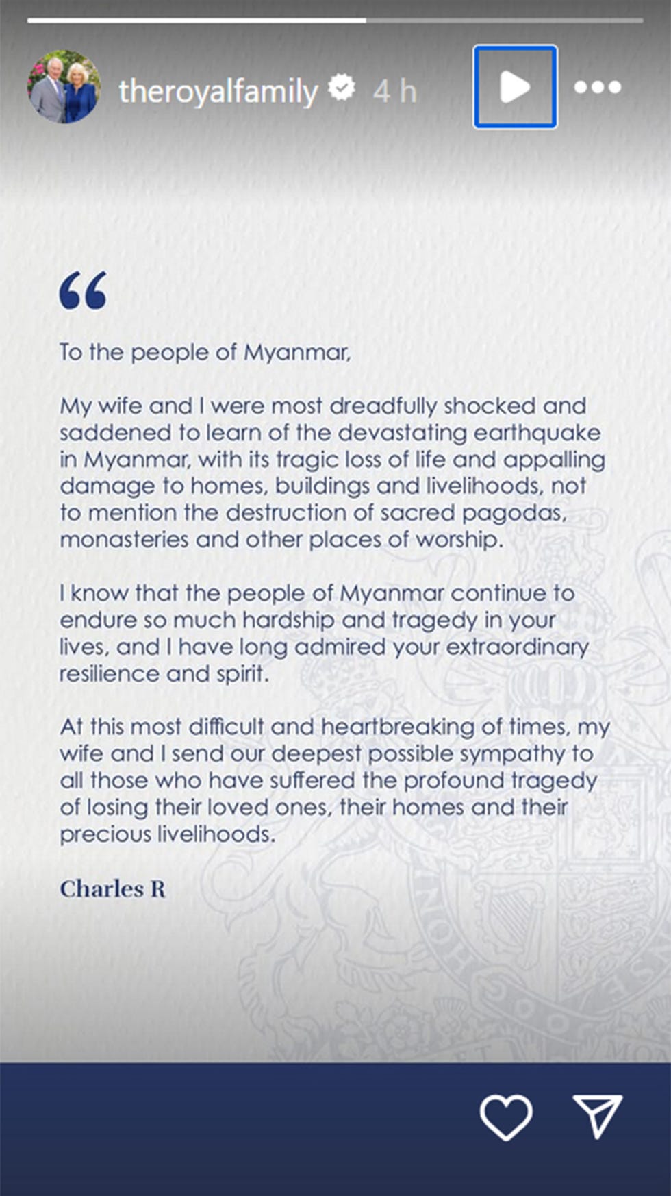 escrito en ingles de carlos iii tras el terremoto de myanmar