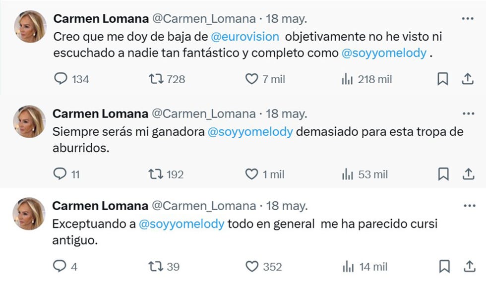 tuits de carmen lomana sobre el papel de melody en 'eurovision 2025'