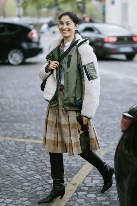 bomber jacket and plaid skirt street style for best winter outfits