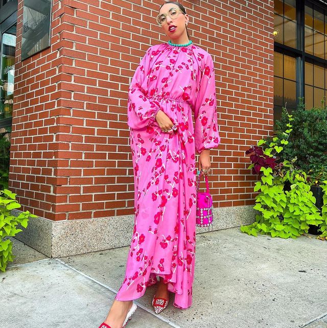 what to wear easter sunday caroline vazzana wearing a long sleeve pink floral maxi dress