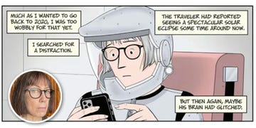 comic panel depicting a character in a futuristic setting pondering about time travel and distractions