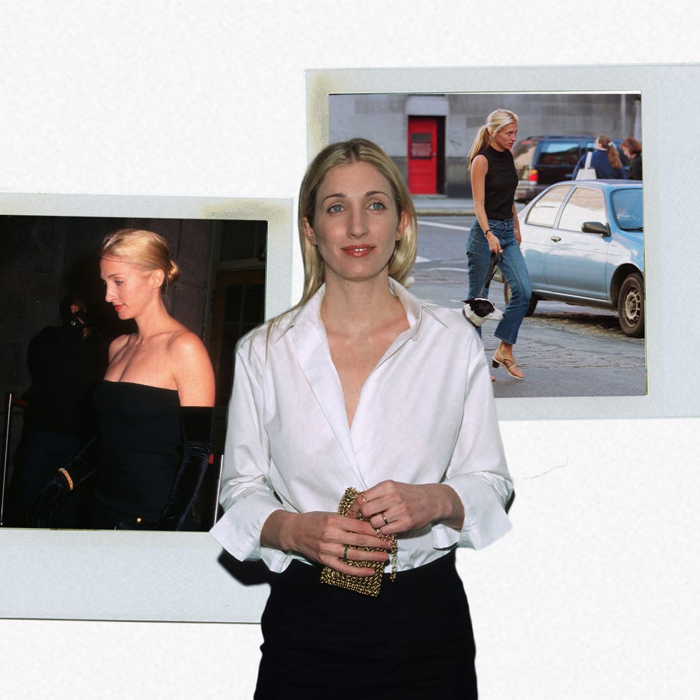 fashionable woman posed in front of two photos showcasing different outfits