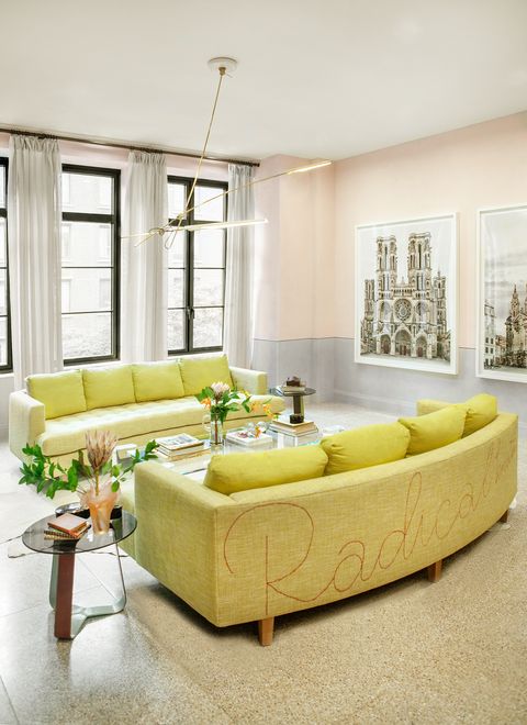 Living room, Furniture, Room, Interior design, Yellow, Property, Couch, Coffee table, Table, Wall, 