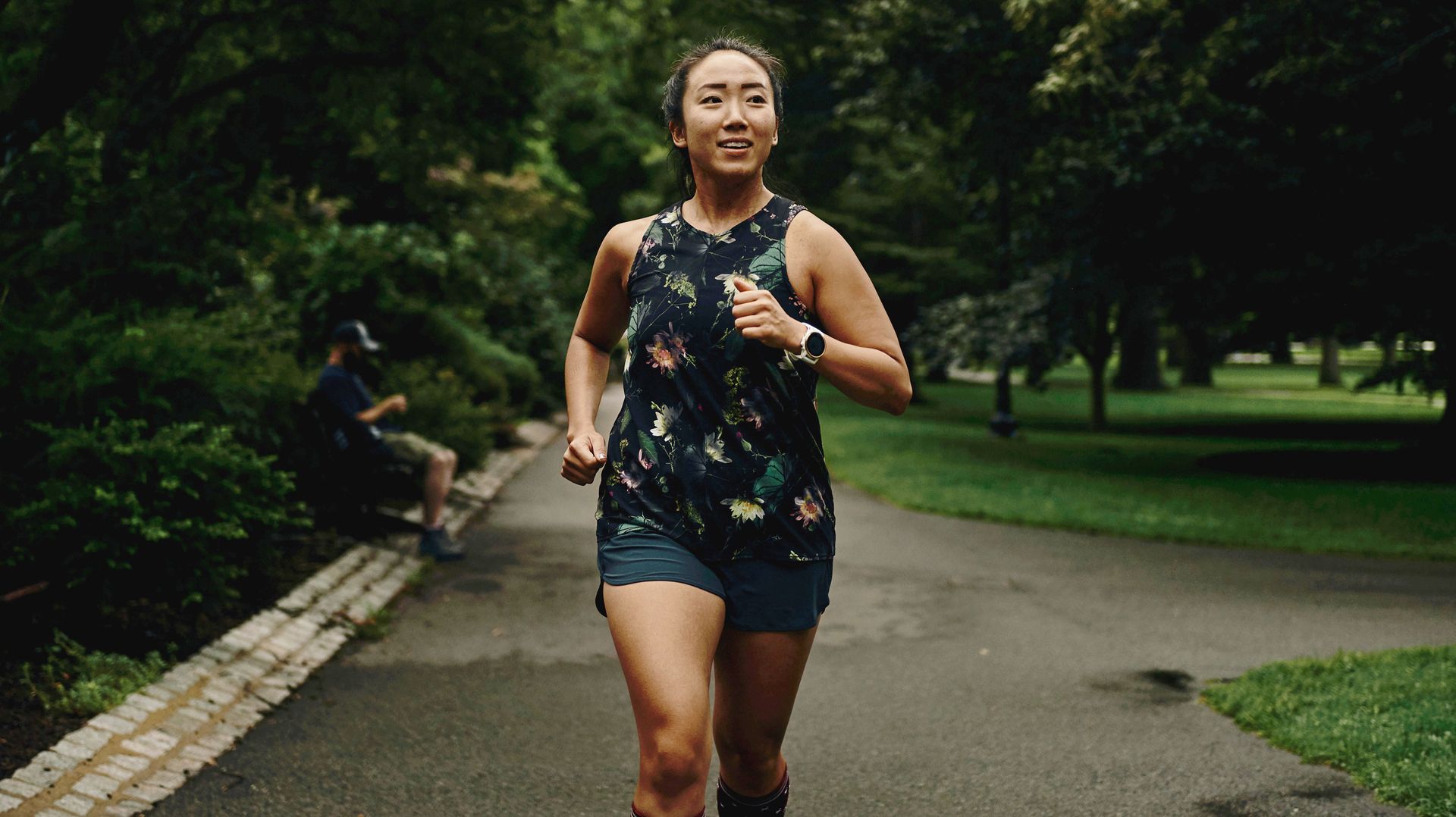 carolyn su running and stretching along her regular routes outside of boston in september 2020