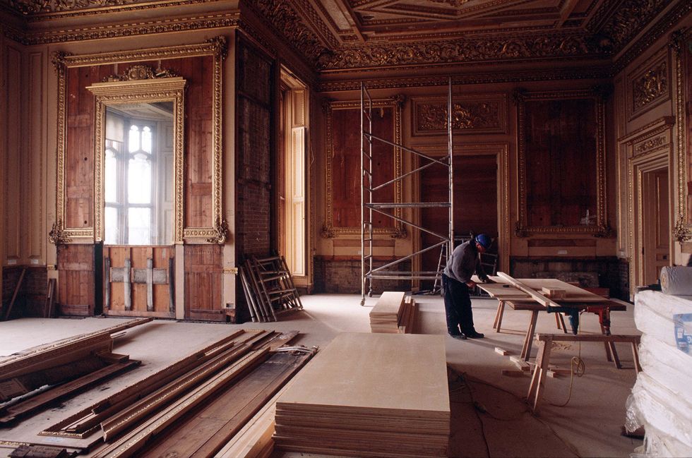 Carpenter Works On The Restoration Of The Green Drawing Room At Windsor Castle Following The Disastrous Fire