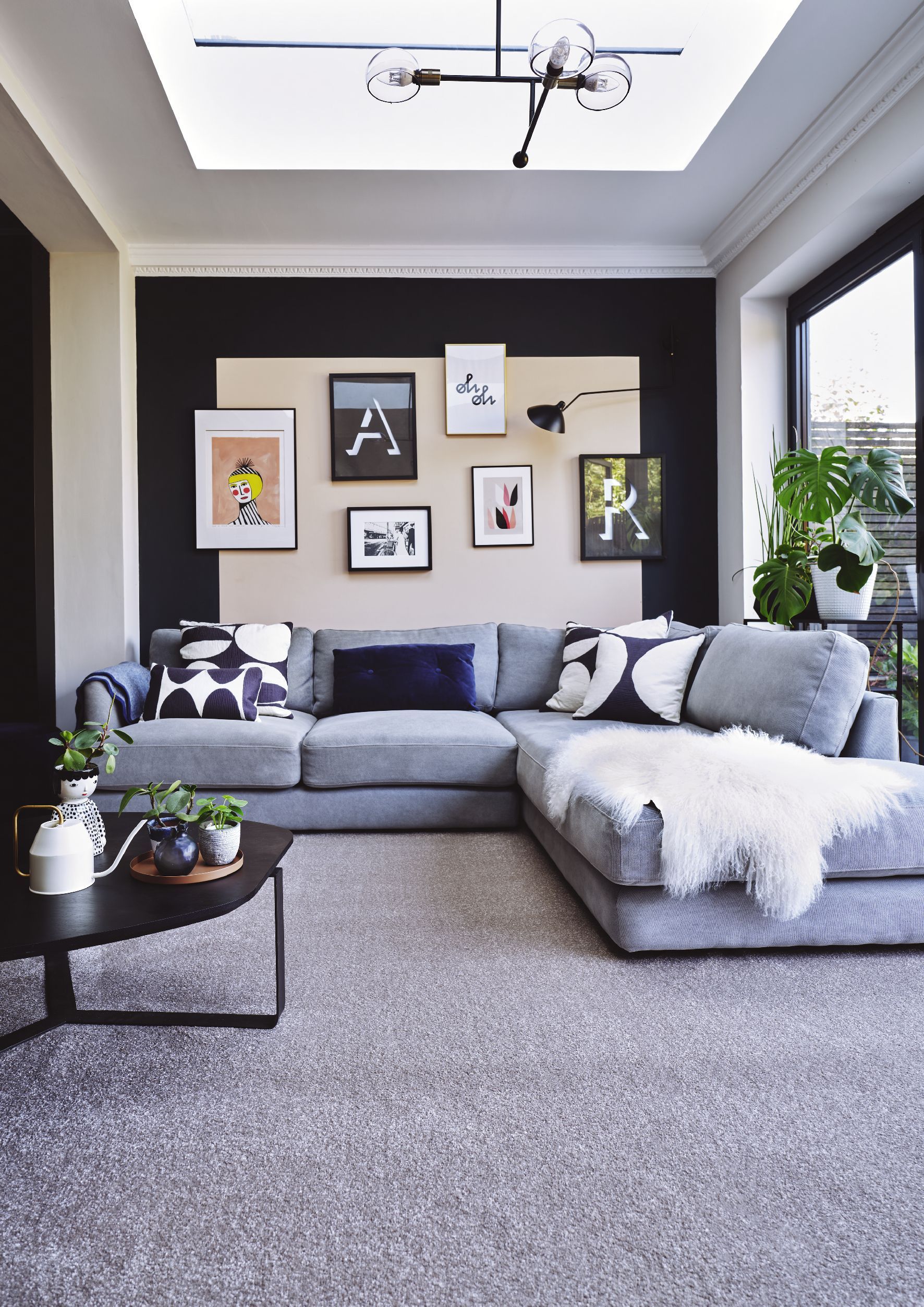 dark grey and pink living room