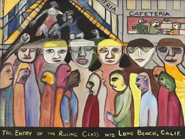 a painting depicting a group of people entering a cafeteria with a stylized and abstract representation of figures
