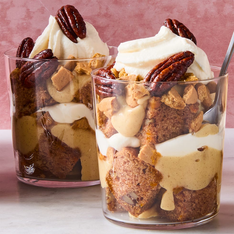 mini carrot cake trifles with candied pecans on top