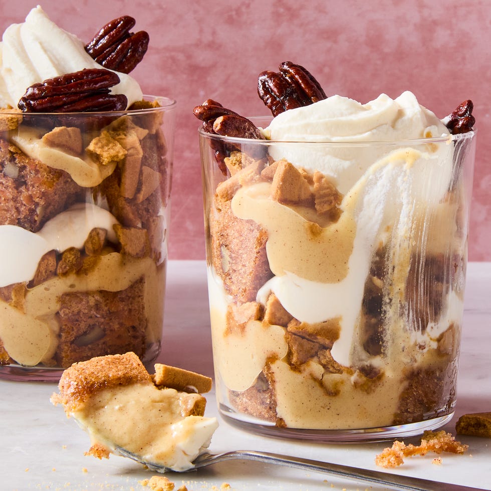 mini carrot cake trifles with candied pecans on top