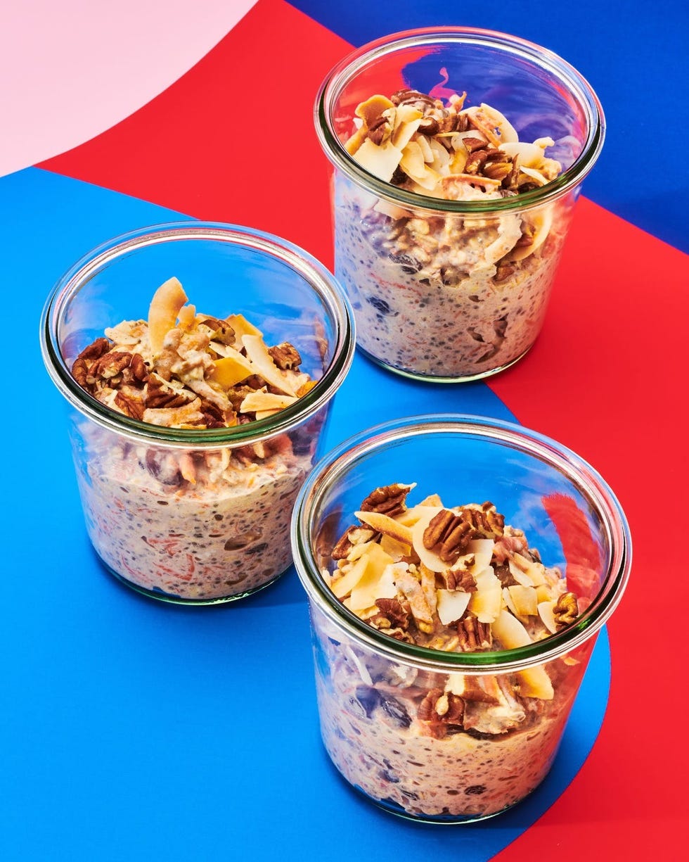 three jars of layered oatmeal with toppings