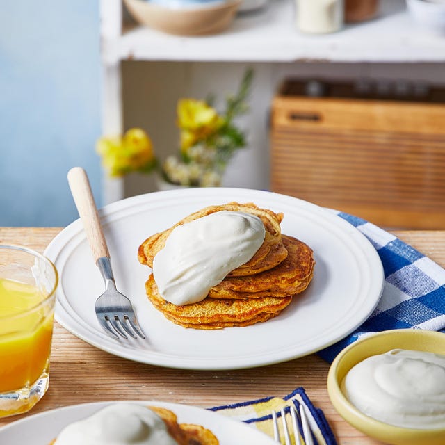 carrot cake pancakes with cream cheese topping