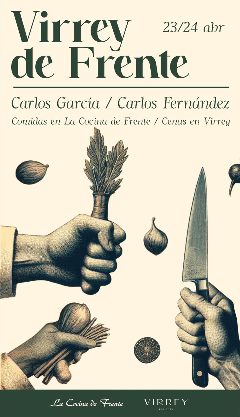 cartel del menú a 4 ,anos organizado por los restaurantes virrey y la cocina de frente de madrid
