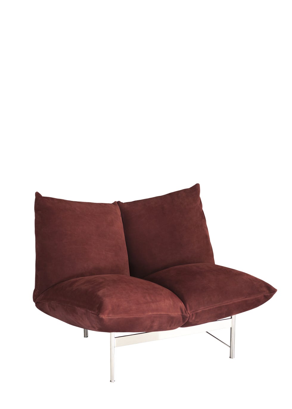 twoseater sofa with plush cushions in a deep red hue