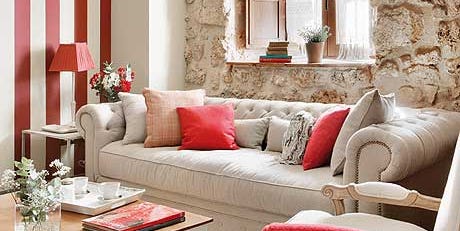 Living room, Room, Furniture, Interior design, Red, Couch, Property, Coffee table, Table, Curtain, 