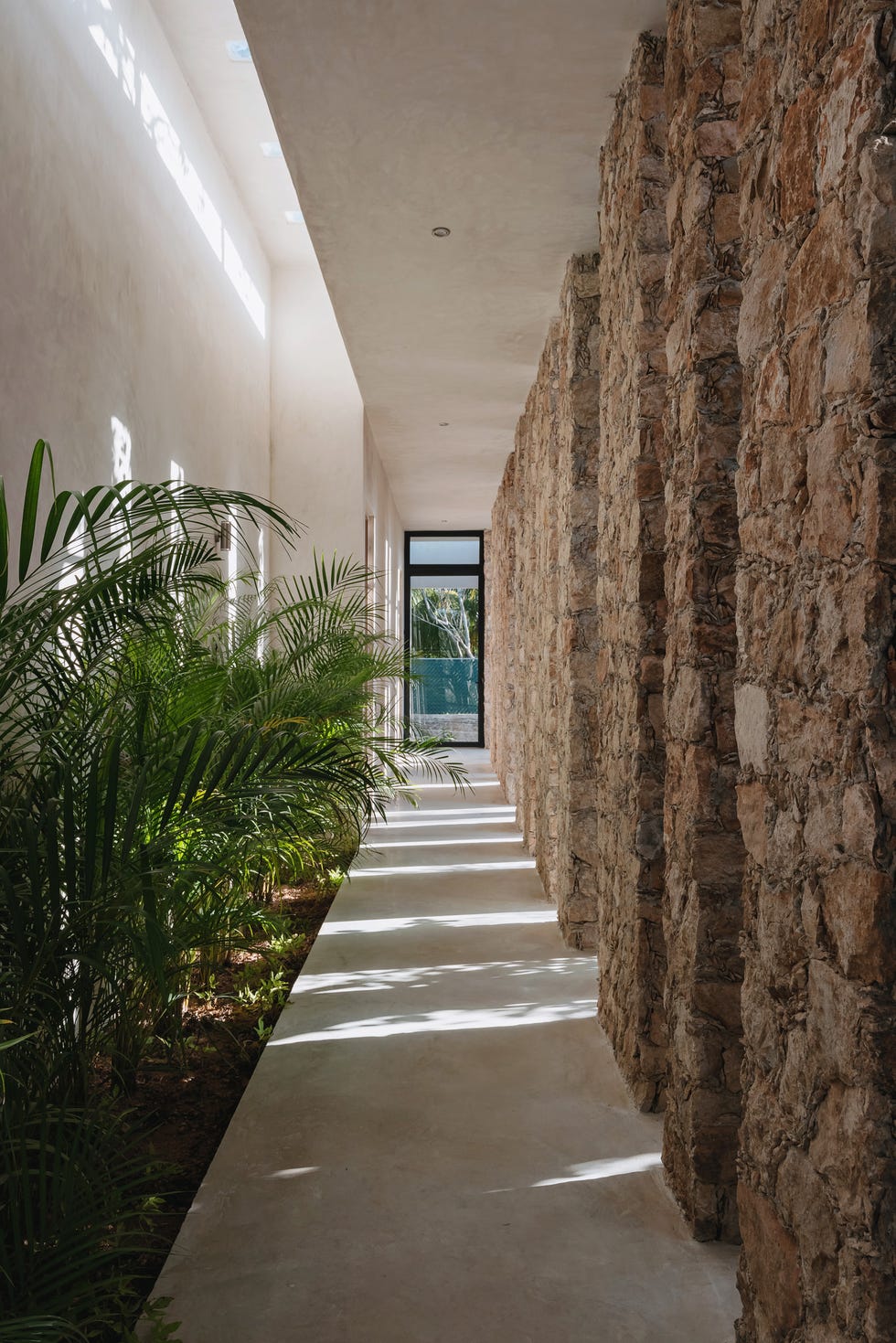 pasillo con columnas de piedra y plantas
