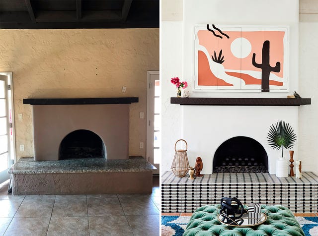 antes y después de un salón con chimenea