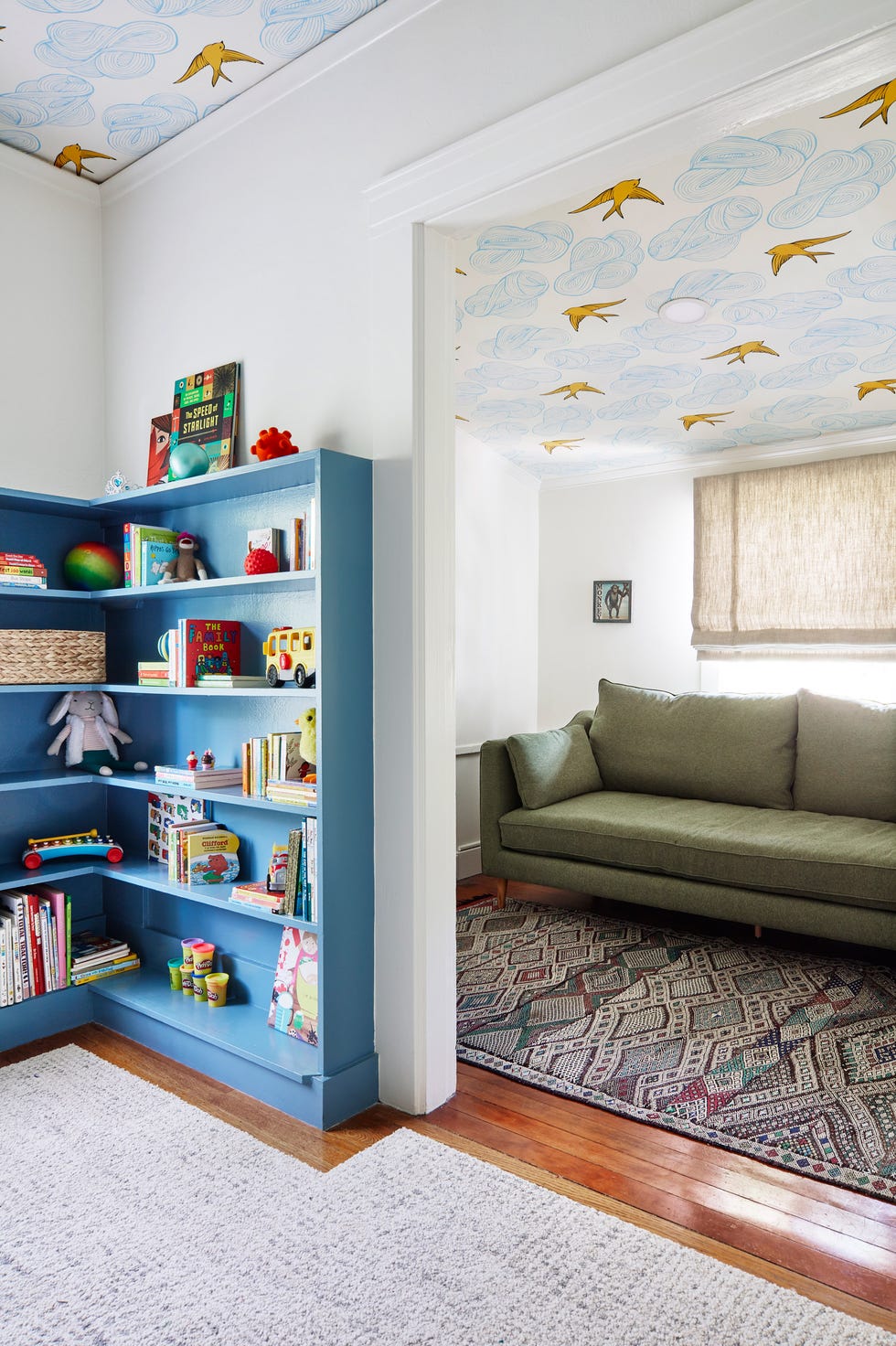 estantería azul con juguetes y sala de estar con sofá verde