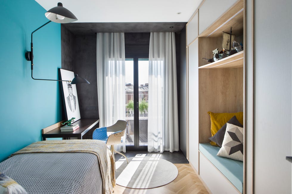 dormitorio infantil a dos colores microcemento negro y turquesa