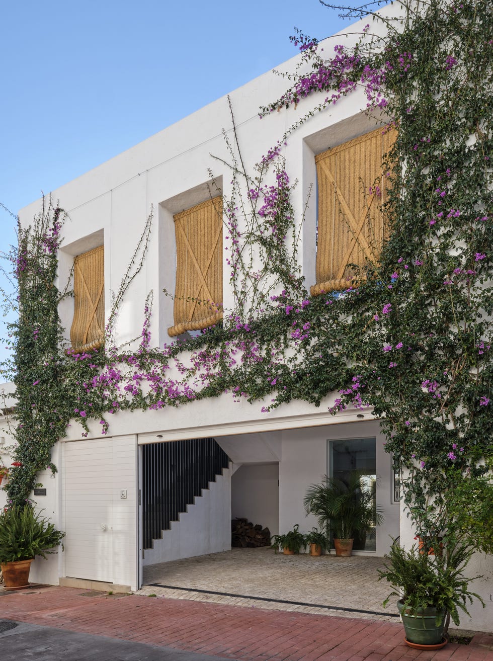 fachada blanca con buganvillas