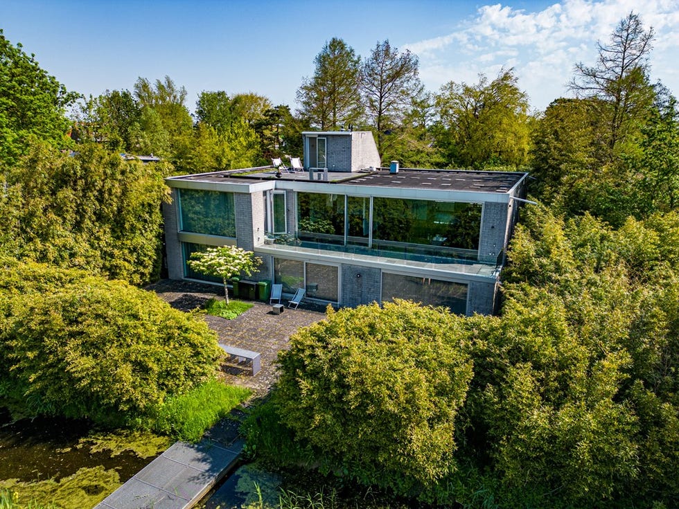 una casa en el lago rodeada por un bosque, en países bajos